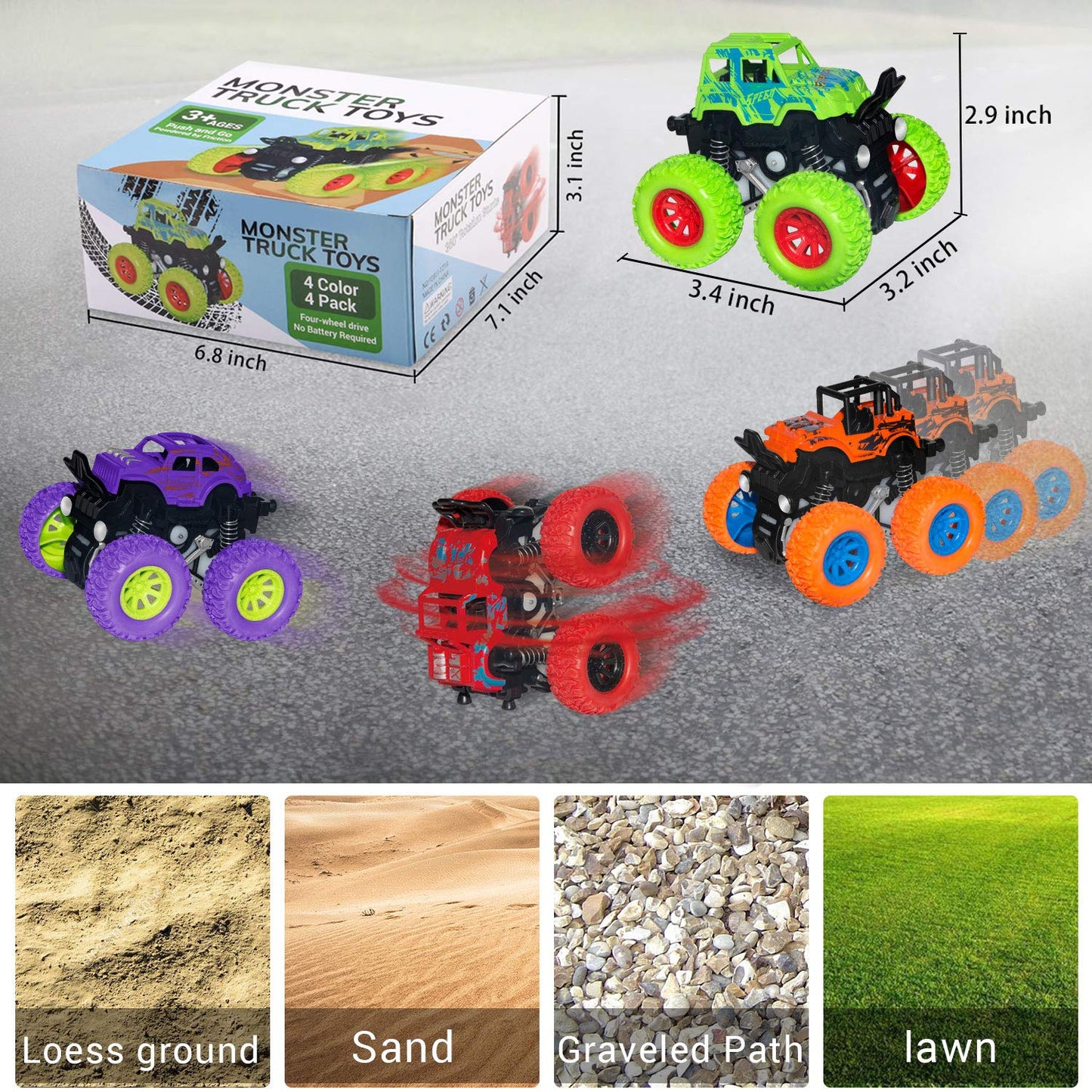 taessv Monster Truck Toy Set – 4 Friction-Powered Push & Go Cars for Toddlers Kids, Birthday & Christmas Gift, Ages 3+ Boys & Girls