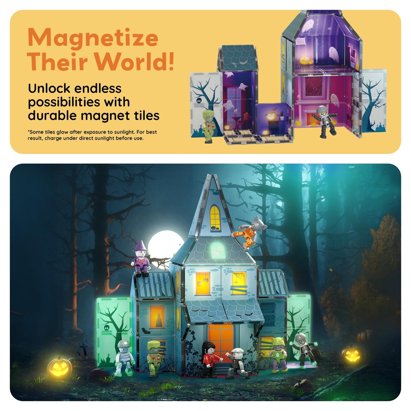PicassoTiles Haunted House Magnetic Building Set with 8 Figures, Double-Sided Tiles, STEM Learning Toy for Kids 3+, Halloween Playset