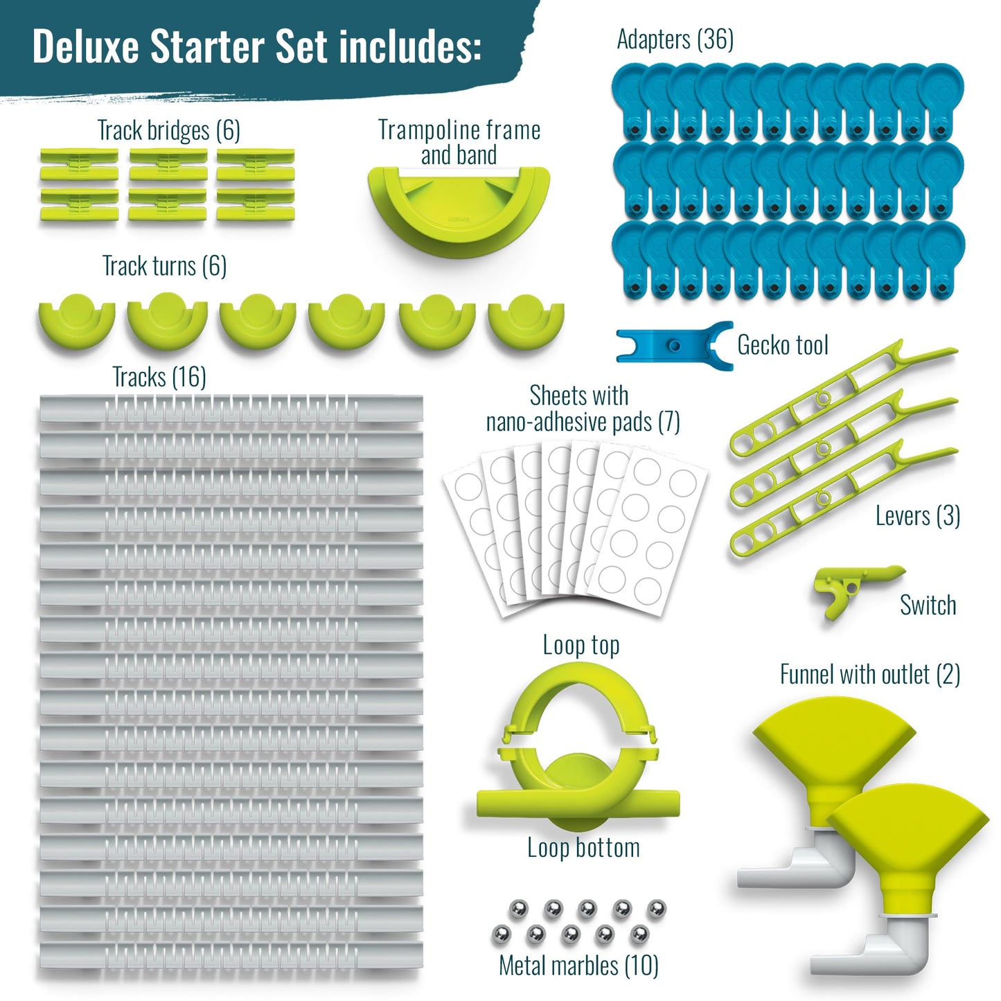 Gecko Run Marble Run Deluxe Starter Set – Vertical Tracks, Loops & Trampolines, Fast No-Mess Setup with Nano-Adhesive Pads