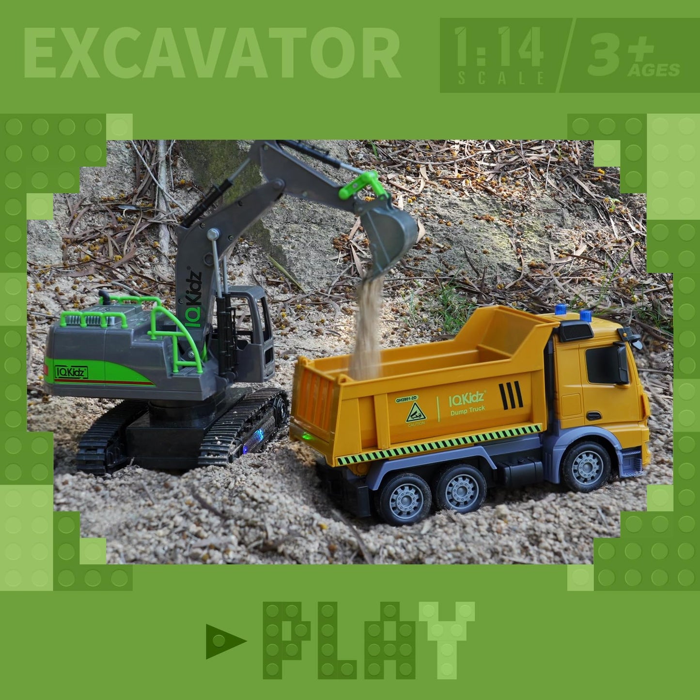 IQKidz RC Excavator Toy for Boys 4-10+ – Metal Shovel Construction Vehicle with Lights, Sounds, 2.4G Rechargeable Remote Control