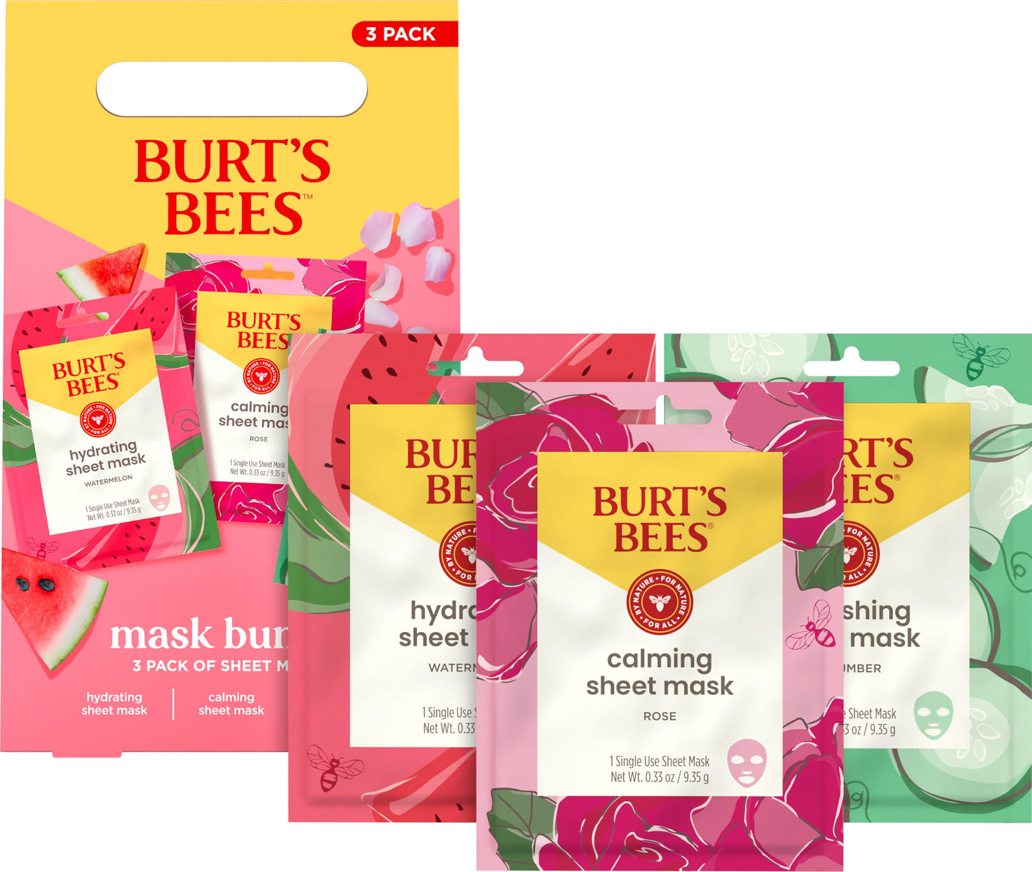 Burt's Bees Holiday Face Mask Set – Hydrating Watermelon, Calming Rose & Refreshing Cucumber Sheet Masks, 3 Single-Use, 99% Natural, 0.33oz Each