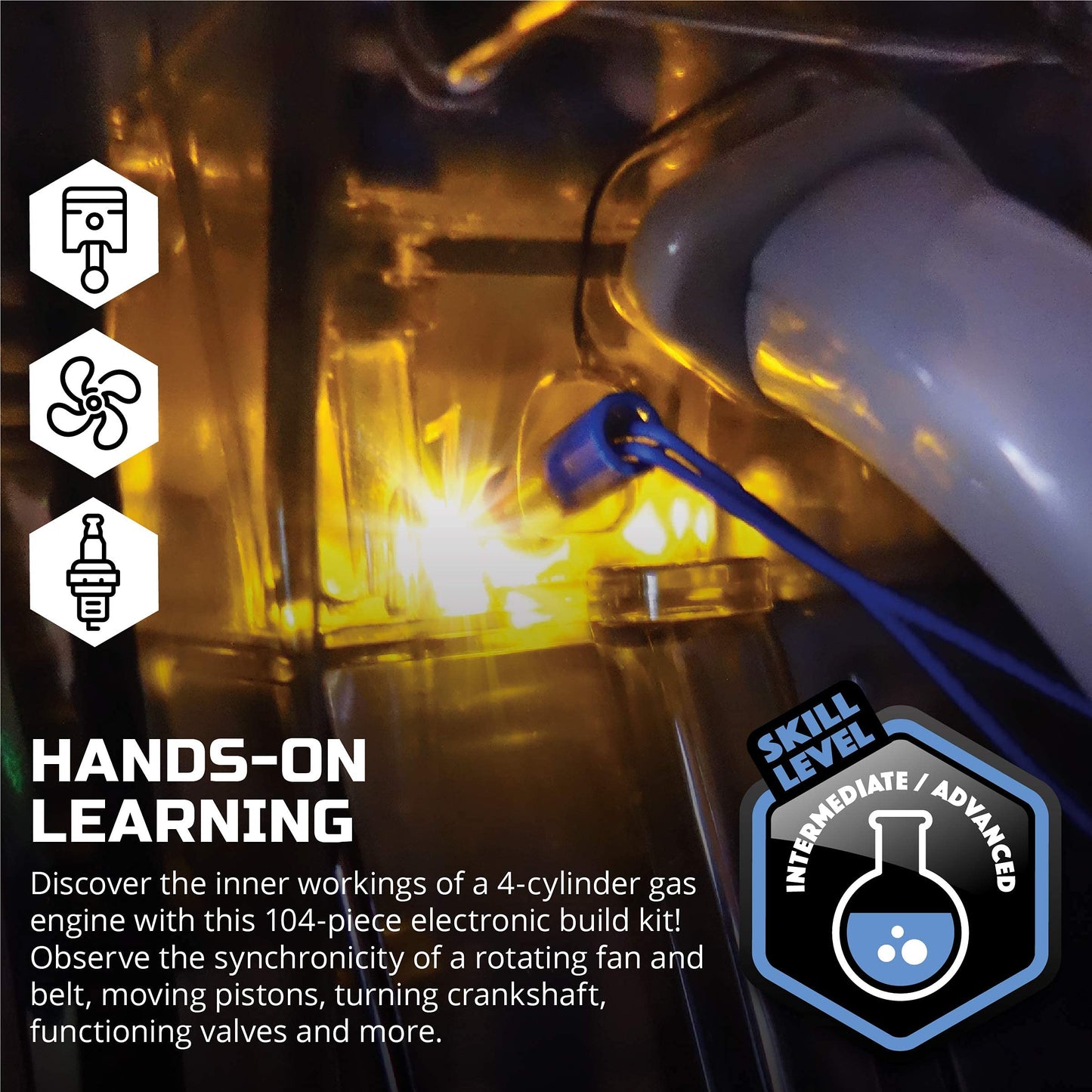 Discovery DIY 4-Cylinder Engine Kit – Working Pistons, Valves, Belts & LED Lights, STEM Mechanics Experiment Set for Kids & Adults