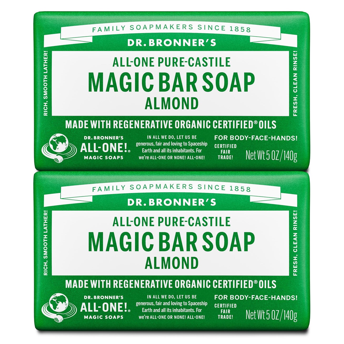 Dr. Bronner's Pure-Castile Almond Soap Bars, 2-Pack, 5oz – Vegan, Organic Oils, Gentle Cleanse for Face, Body & Hair
