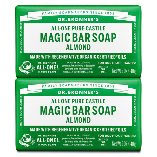 Dr. Bronner's Pure-Castile Almond Soap Bars, 2-Pack, 5oz – Vegan, Organic Oils, Gentle Cleanse for Face, Body & Hair