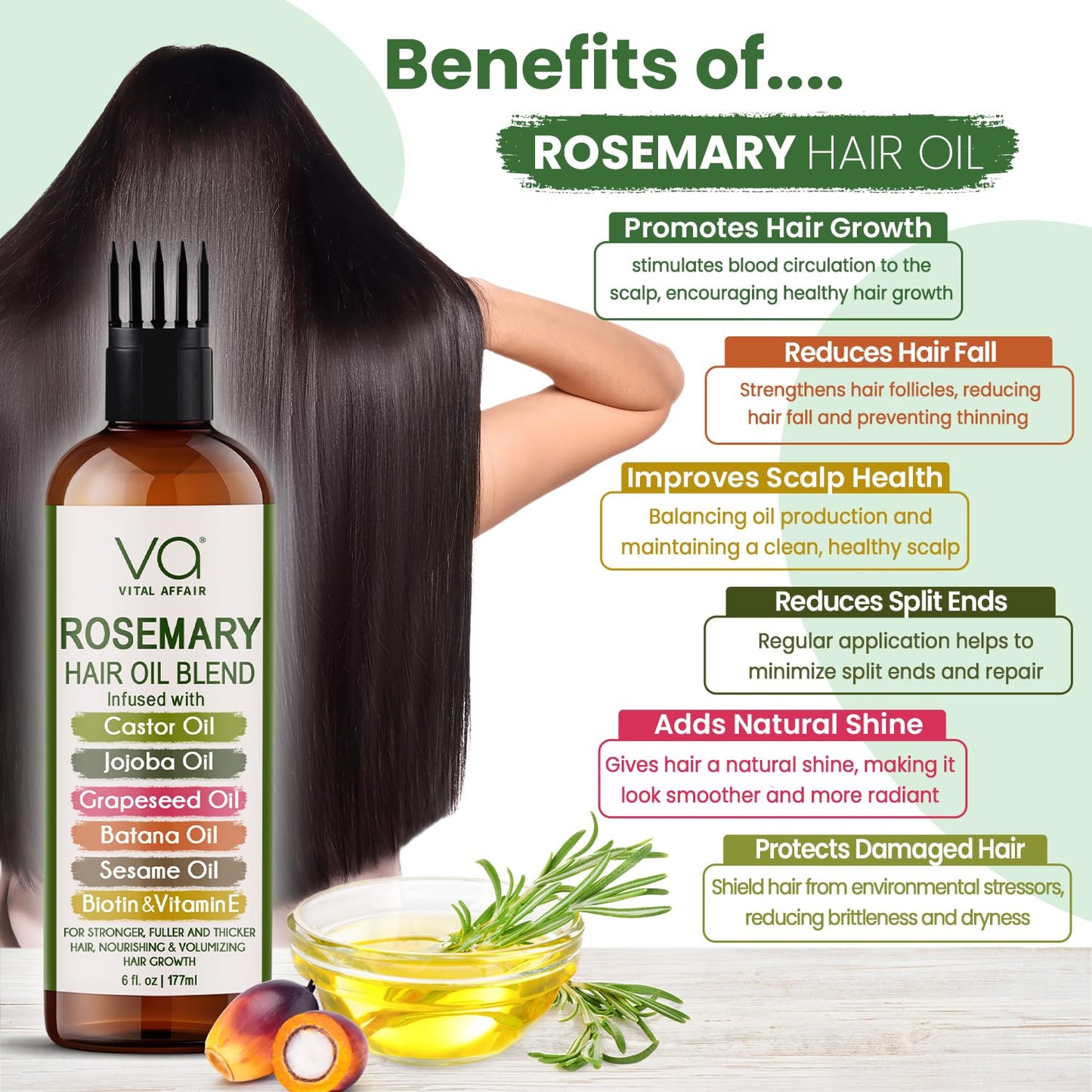 VITAL AFFAIR Rosemary Hair Growth Oil Blend | With Castor, Batana & Jojoba Oils | Infused with Biotin & Vitamin E | Strengthening Treatment, 6 Fl Oz