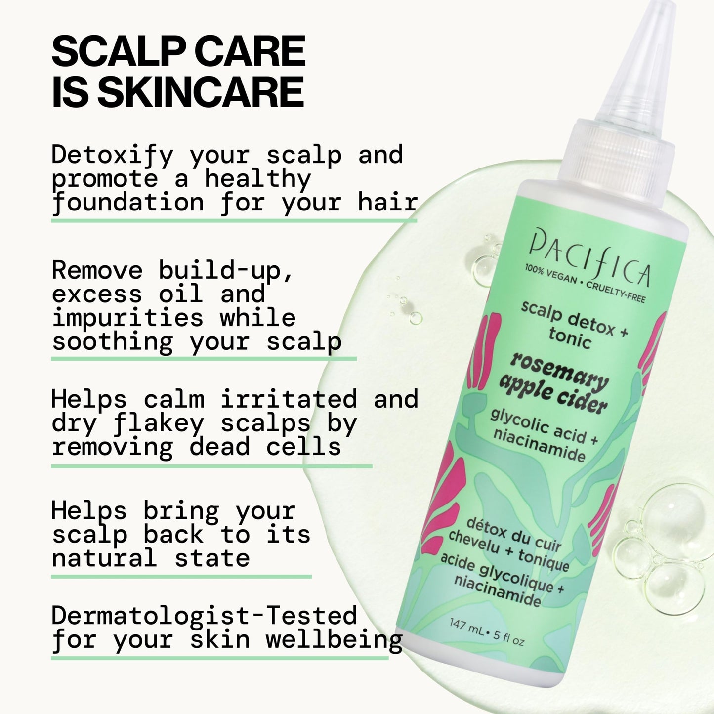 Pacifica Scalp Detox Tonic – Rosemary & Apple Cider Vinegar Exfoliating Scalp Treatment with Salicylic Acid, Clarifying Vegan Pre-Shampoo Cleanser, 5 oz