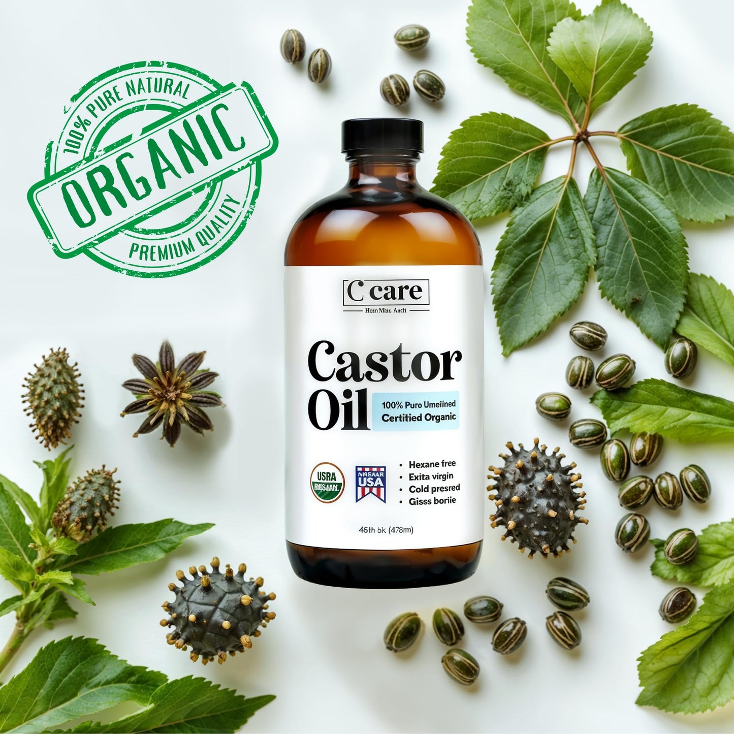 C CARE 100% Pure Organic Castor Oil, Cold Pressed & Unrefined, USDA Certified, Hexane-Free Extra Virgin Oil for Hair, Skin, Lashes & Brows, 16oz