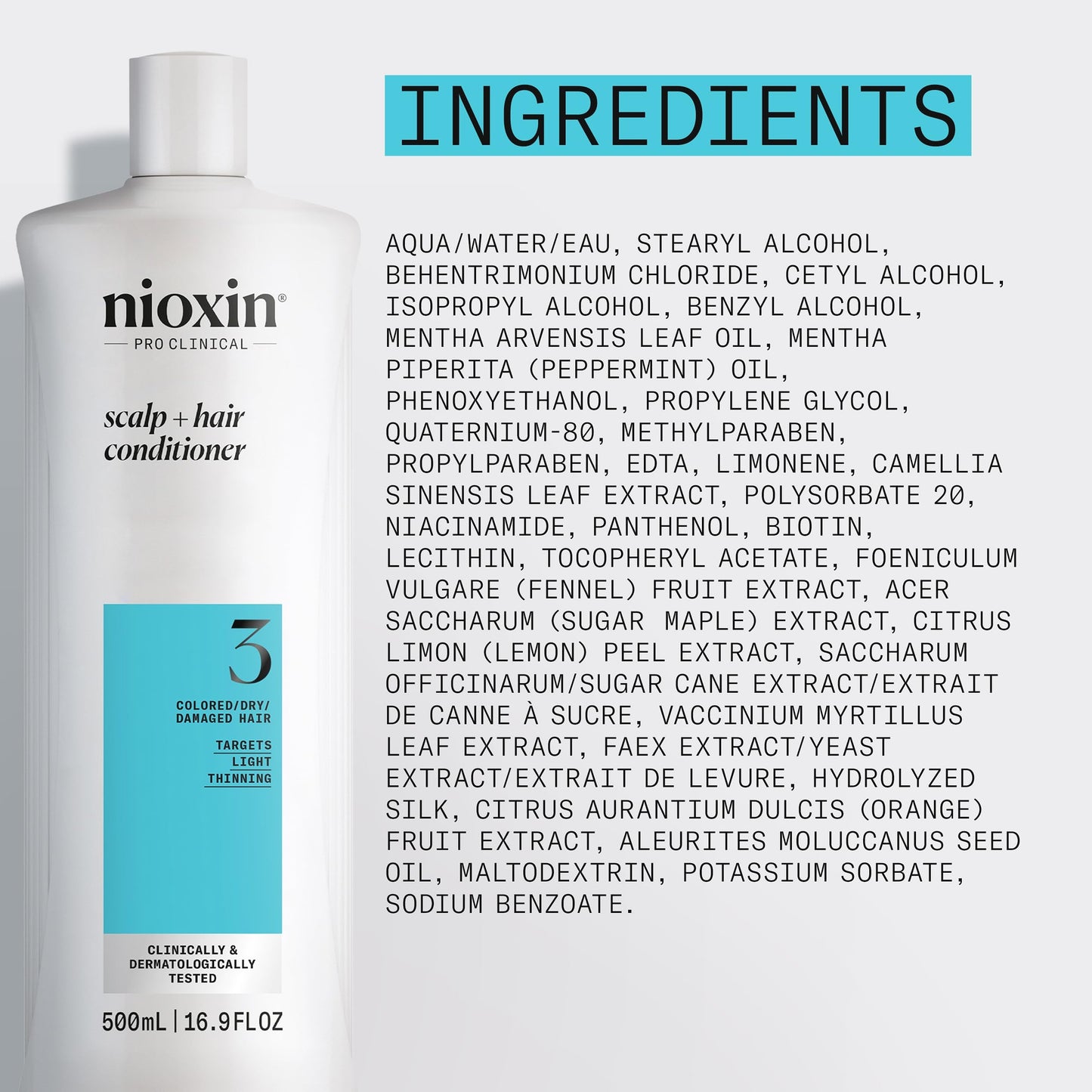 Nioxin System 3 Scalp + Hair Conditioner - Hair Thickening Conditioner for Damaged Hair with Light Thinning, 16.9 fl oz (Packaging May Vary)