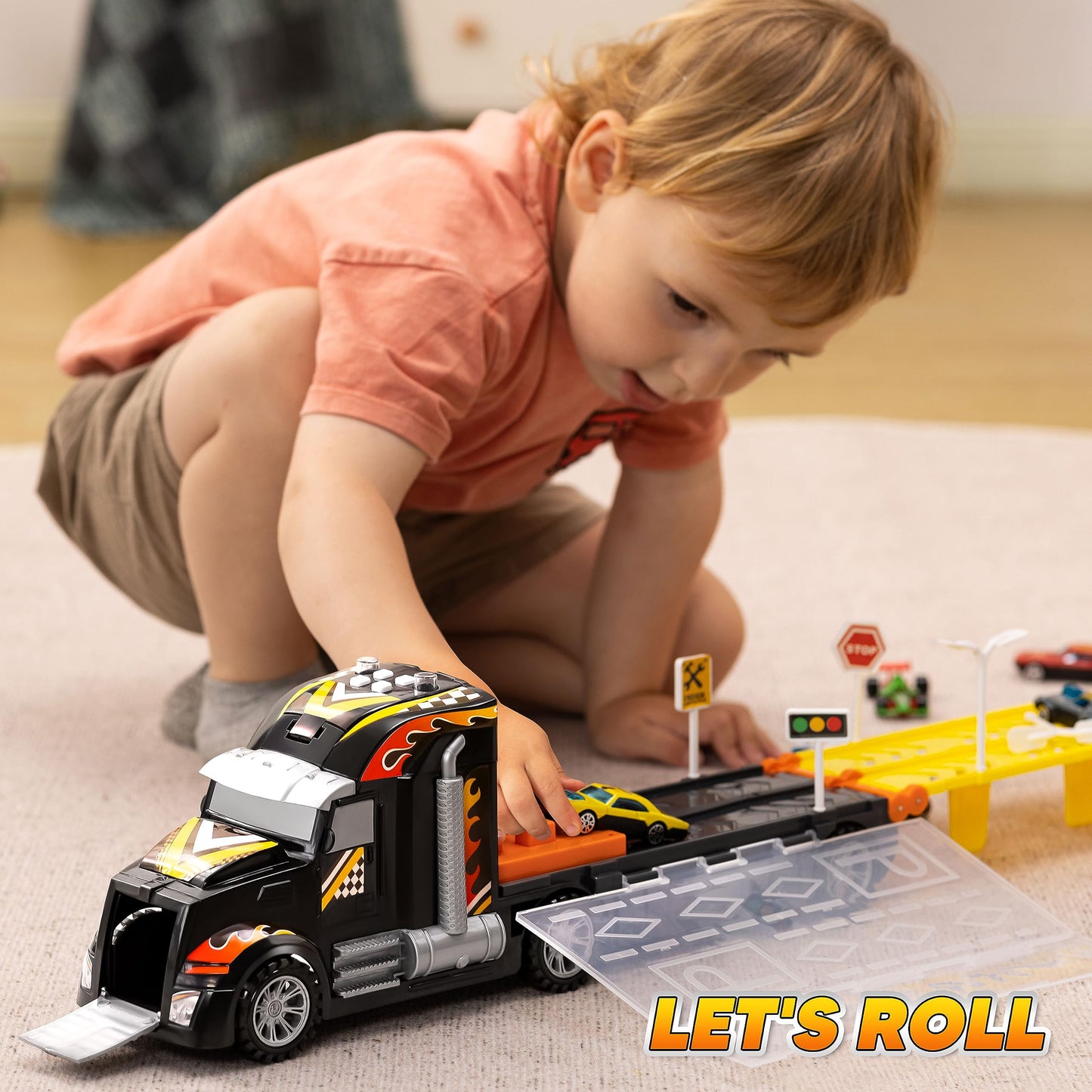 JOYIN Kids Toy Truck Playset with 60" Race Track, 12 Die-Cast Cars, Lights & Sounds – Toddler Gift for Boys & Girls Ages 2-7