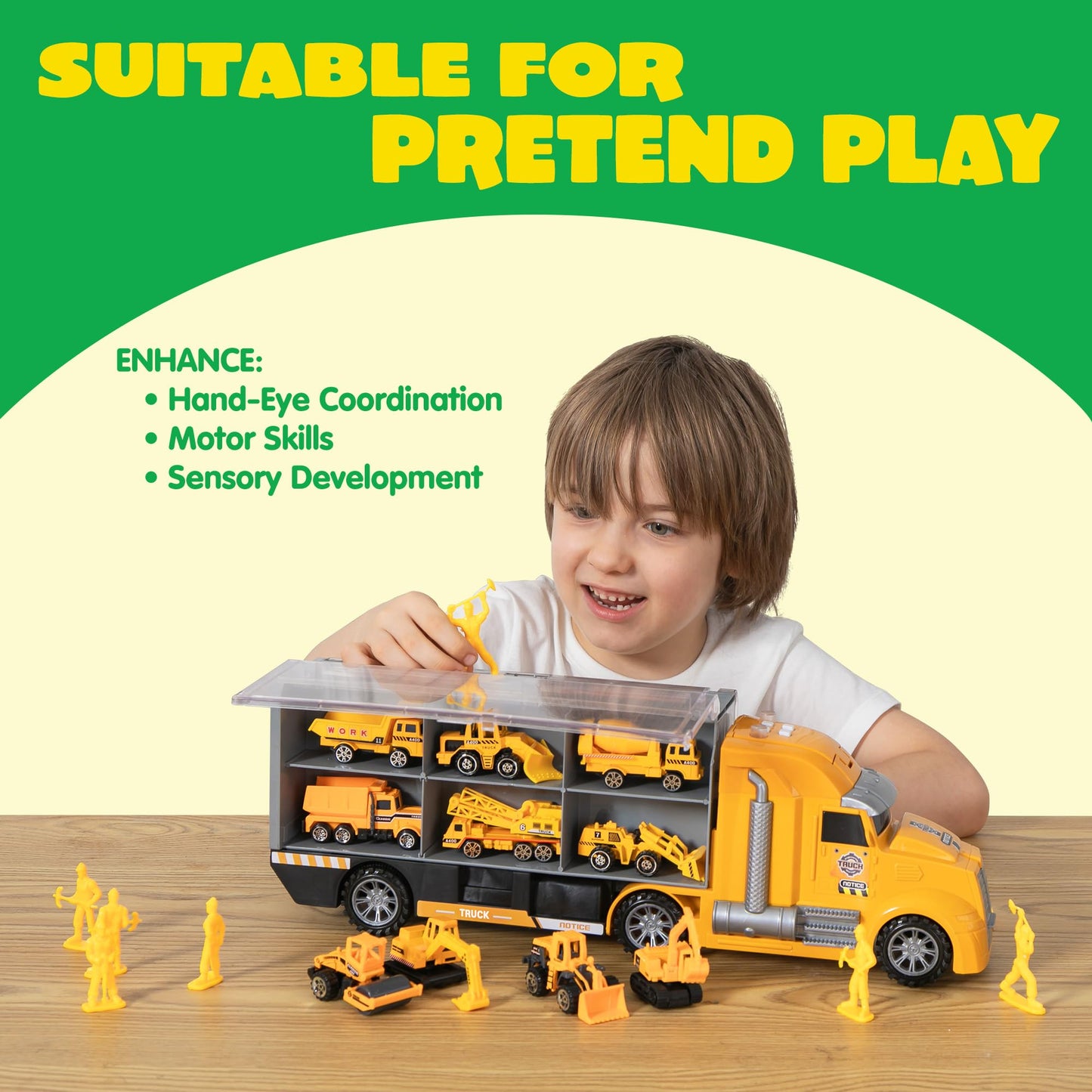 JOYIN 25-in-1 Kids Construction Truck Toy Set – 24 Push & Go Cars, Worker Figures, Sounds & Lights, Birthday Gift for Boys 3-7 Years
