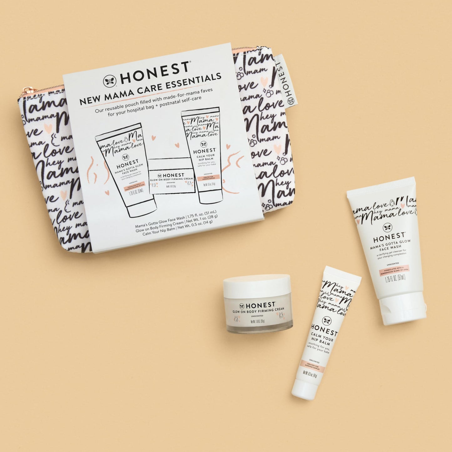 The Honest Company New Mama Care Essentials Gift Set | Hospital Bag Must Haves | Travel Size Nip Balm, Body Cream & Face Wash with Reusable Pouch