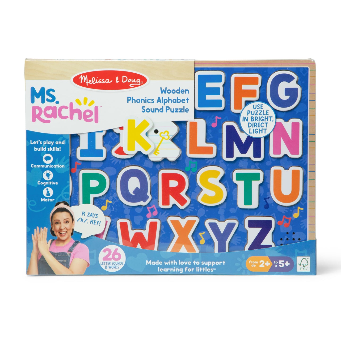 Melissa & Doug Ms. Rachel Wooden Phonics Alphabet Sound Puzzle – 24-Piece Toddler Toy with Light-Activated Sounds, Ages 2+, FSC Certified