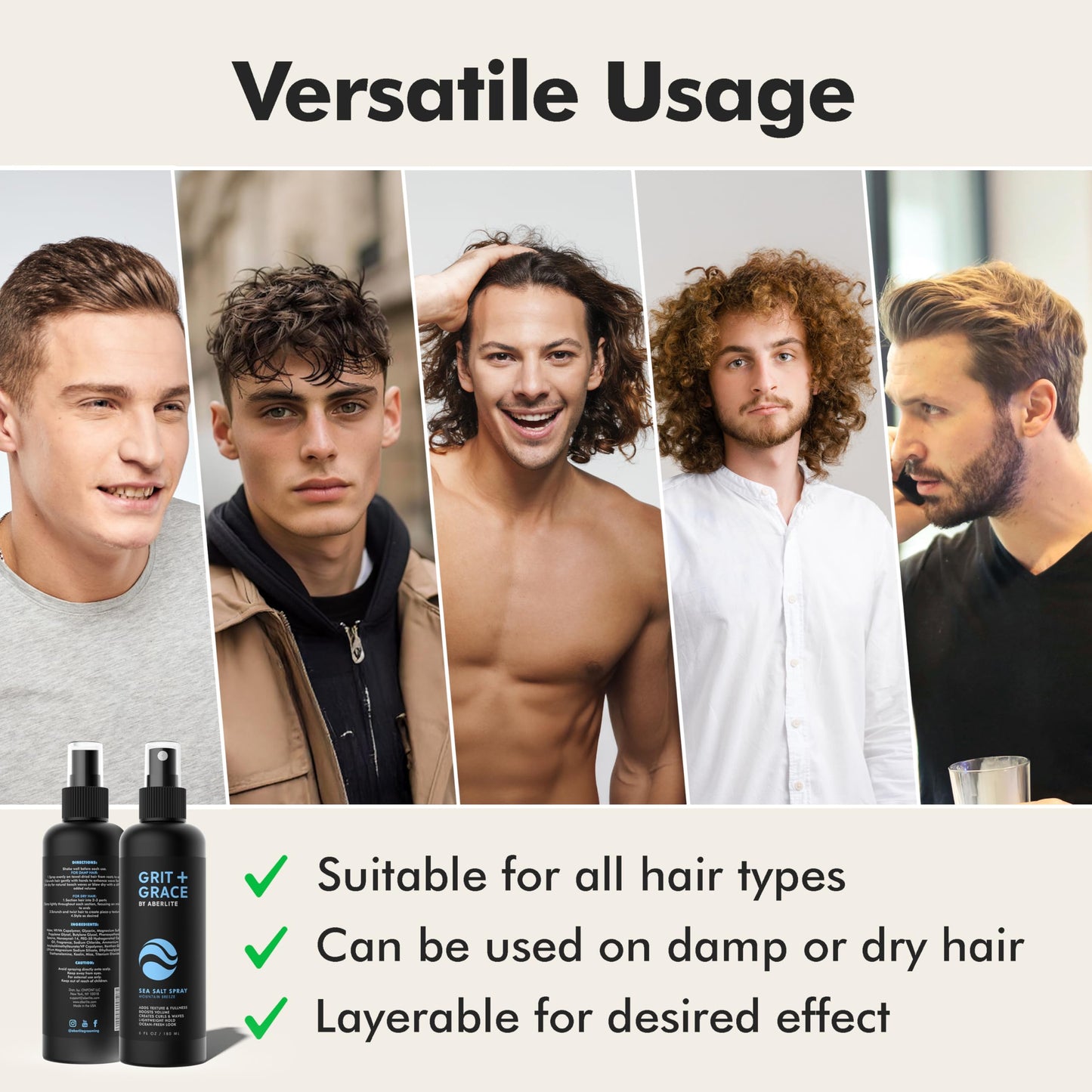 Aberlite Grit+Grace Sea Salt Spray for Men & Women – Texturizing Hair Spray for Beach Waves, Curly & Wavy Hair Styling, 6 fl oz
