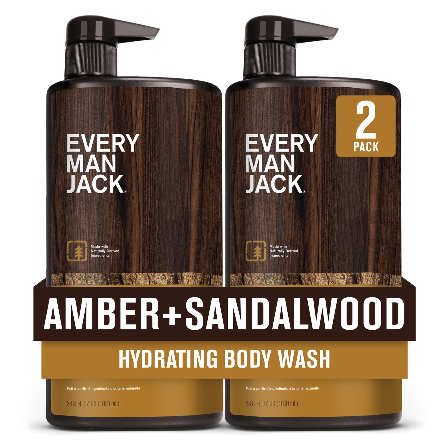 Every Man Jack Amber & Sandalwood Body Wash for Men, 33.8 fl oz, 2-Pack – Nourishing, Hydrating, Naturally Derived Ingredients for All Skin Types