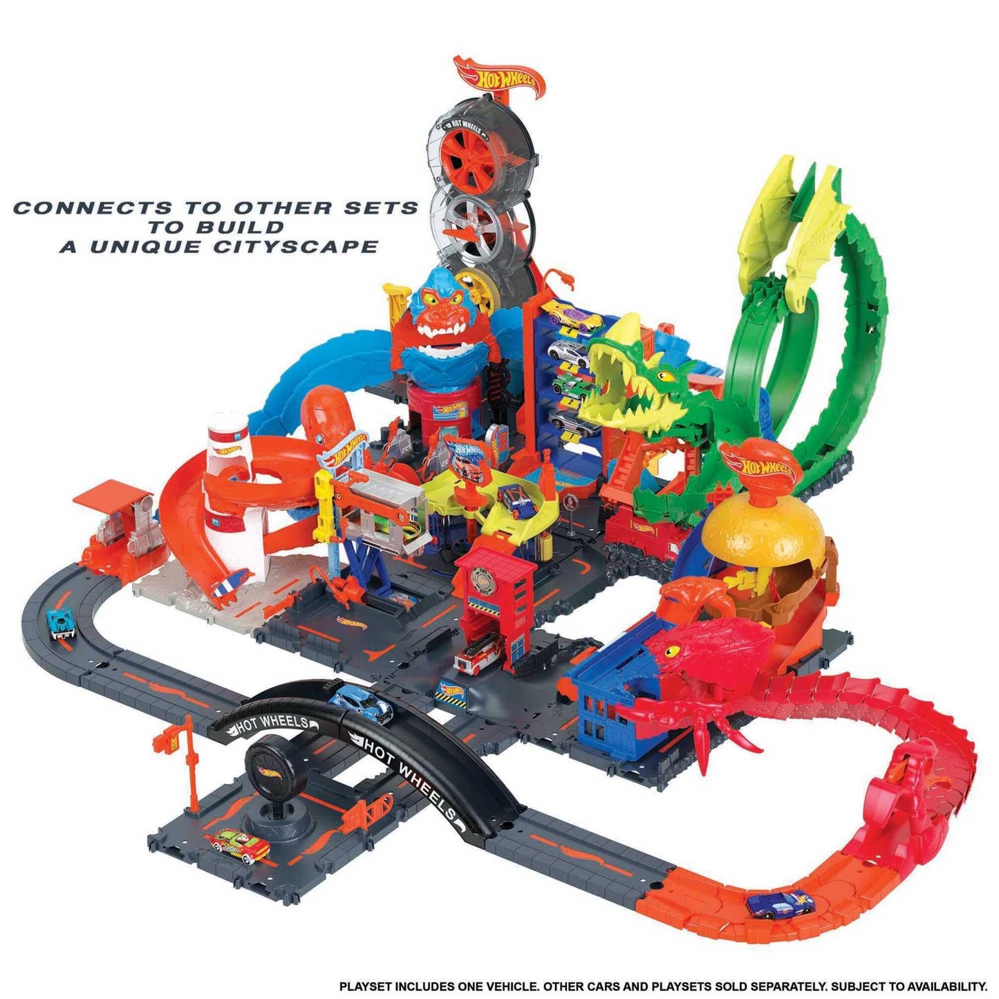 Hot Wheels Toy Car Track Set Pack, 10 Track-Building Parts with City Square, Bridge & 1:64 Scale Vehicle, Connects to Other Tracks