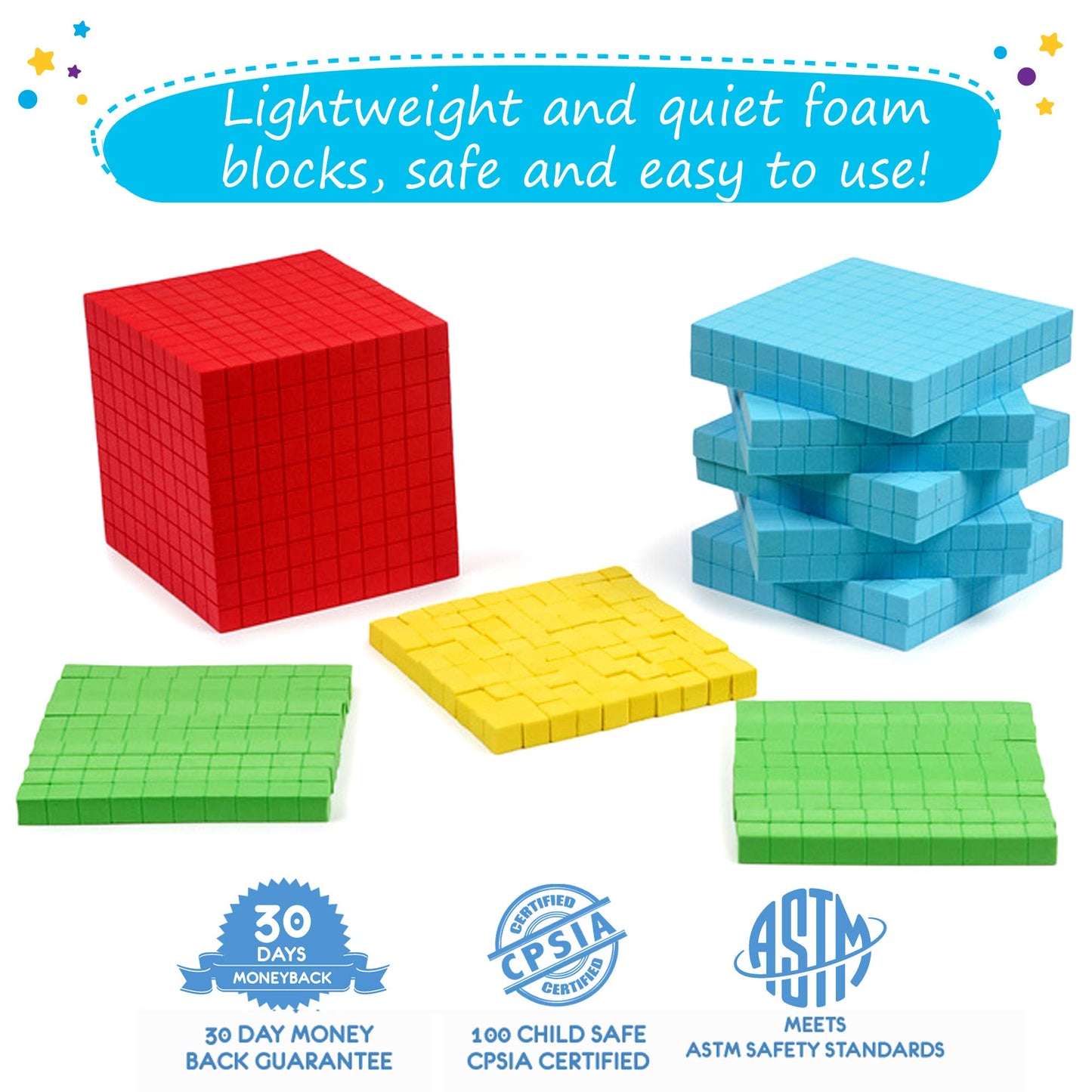 Simply Magic 131-Piece Foam Base Ten Blocks for Math - Place Value Manipulatives, Counting Cubes & Number Blocks for K-3