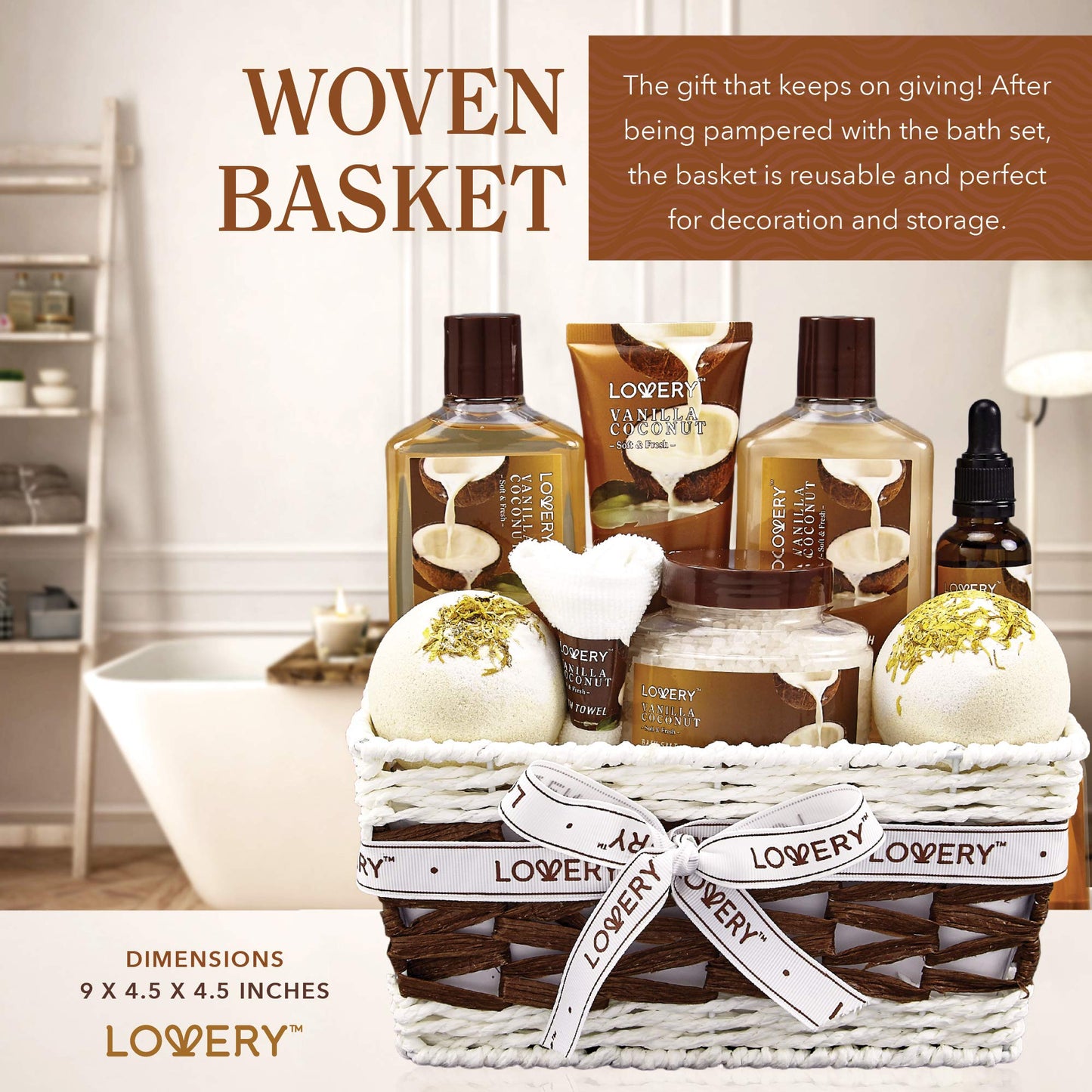 Gifts for Women Spa Basket – 9-Piece Vanilla Coconut Set with Lotions, Bath Bombs, Coconut Oil, Luxury Towel & More