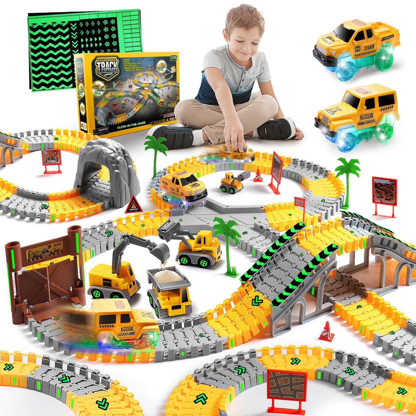264PCS Glow-in-the-Dark Construction Race Track Set with 2 Light-Up Cars & 3 Construction Vehicles, Flexible DIY Toy for Kids Ages 3-9