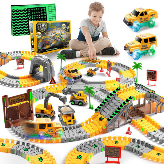 264PCS Glow-in-the-Dark Construction Race Track Set with 2 Light-Up Cars & 3 Construction Vehicles, Flexible DIY Toy for Kids Ages 3-9