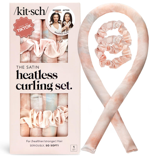 Kitsch Satin Heatless Curling Set - 34" No-Heat Hair Curler & 2 Satin Scrunchies - Overnight Frizz-Free Curls, No Damage, Sunset Tie Dye