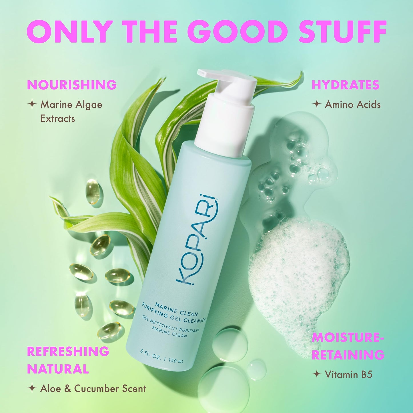 Kopari Marine Clean Gel Cleanser – Dual-Action Gel-to-Foam, Amino Acids & Vitamin B5, Gentle Nourishing Face Wash, 5 oz