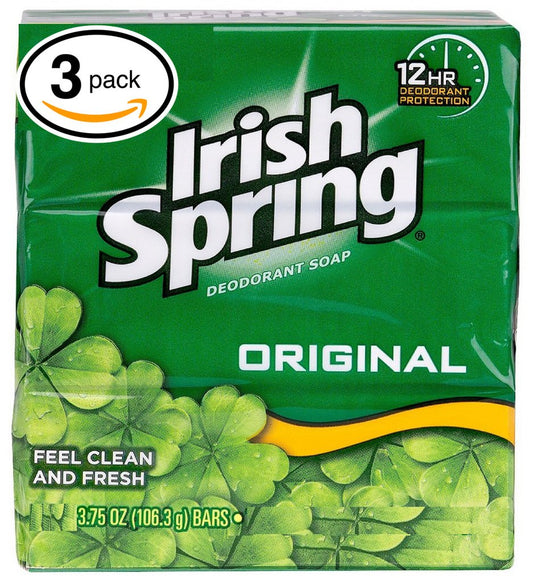 Irish Spring Original Scent Bar Soap for Men & Women, 3-Pack, 3.75oz Each – 12-Hour Odor Protection for Face, Hands & Body