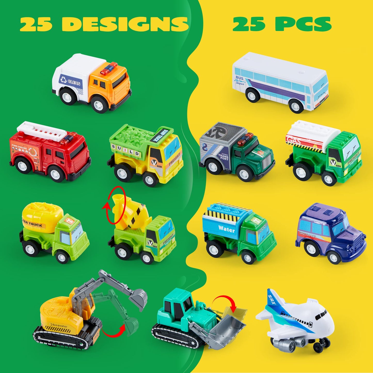 JOYIN 25-Piece Pull Back Cars & Trucks Toy Set for Toddlers, Kids Boys & Girls – Die-Cast Vehicles, Party Favors, School Gifts & Goodie Bag Stuffers