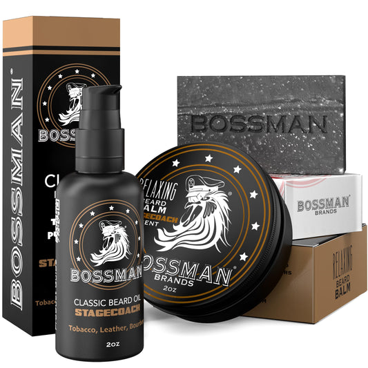 Bossman Starter Beard Kit for Men – Beard Oil (2 oz), Beard Balm & Bar Soap – Natural & Organic Grooming Kit – Made in the USA (Stagecoach Scent)