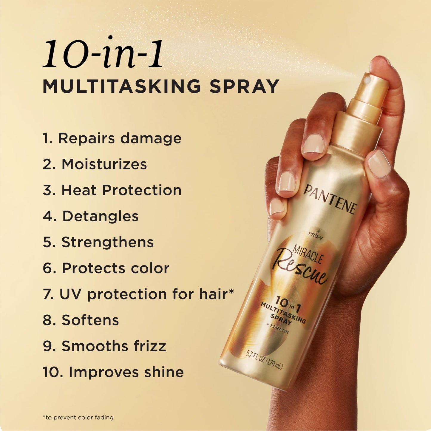 Pantene Miracle Rescue 10-in-1 Multitasking Spray – Heat Protectant, Detangler & Leave-In Conditioner with Keratin & Pro-Vitamin B5, 5.7 Oz