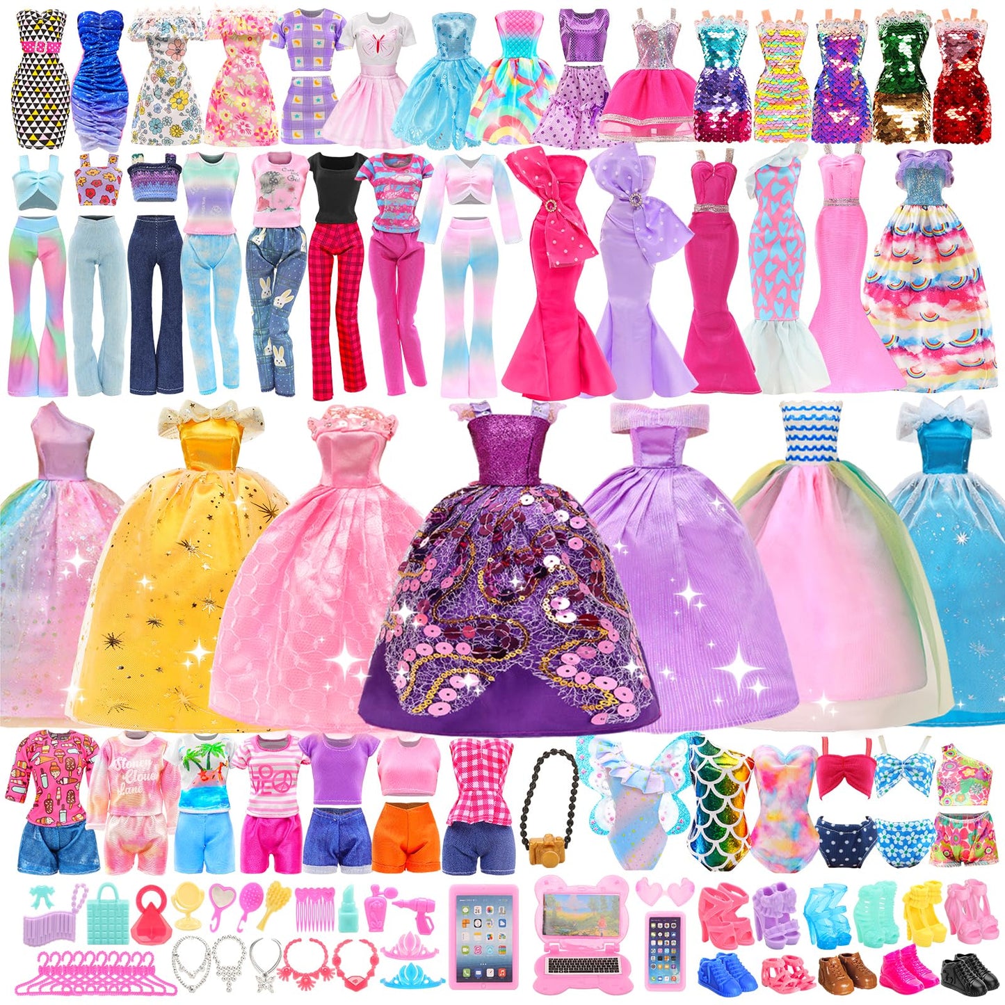 BARWA 70-Piece Doll Clothes & Accessories Set for 11.5" Dolls – Dresses, Tops, Pants, Swimsuits, Shoes, Hangers & Mini Accessories