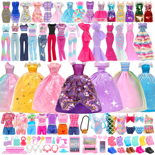 BARWA 70-Piece Doll Clothes & Accessories Set for 11.5" Dolls – Dresses, Tops, Pants, Swimsuits, Shoes, Hangers & Mini Accessories