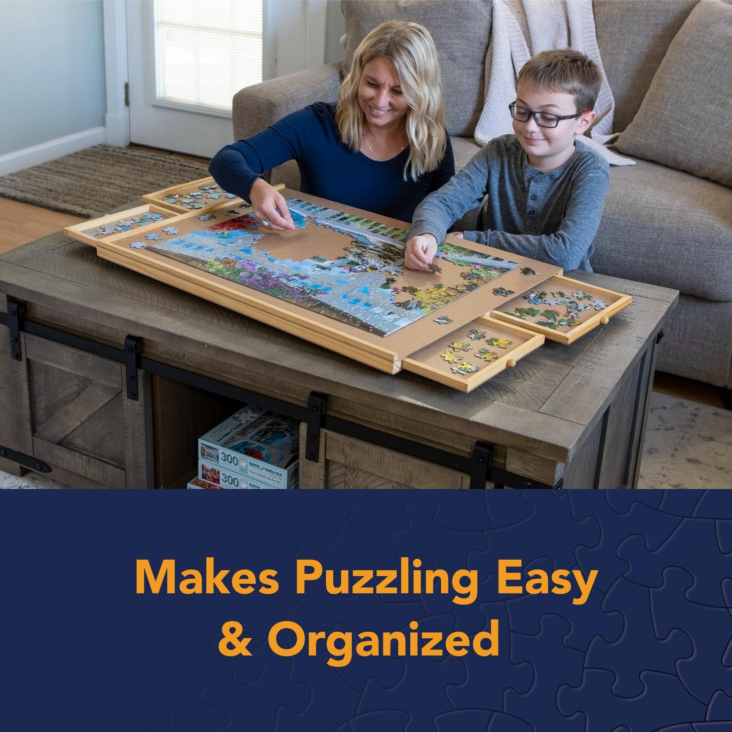 Bits and Pieces Puzzle Board with Drawers – 1000 Piece Jigsaw Puzzle Table Organizer Premium Wooden Puzzle Board for Adults 22.25"x 30" Smooth Non-Slip Surface Portable Puzzle Table with Sorting Trays