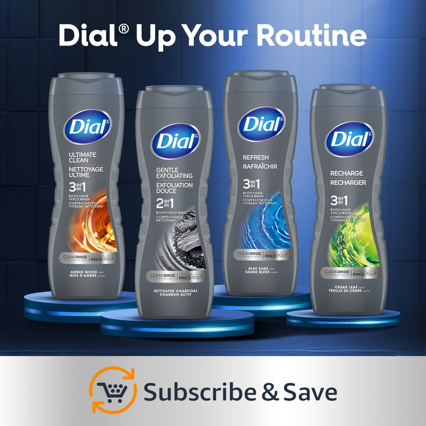Dial Men 3in1 Body, Hair and Face Wash, Recharge, 32 fl oz