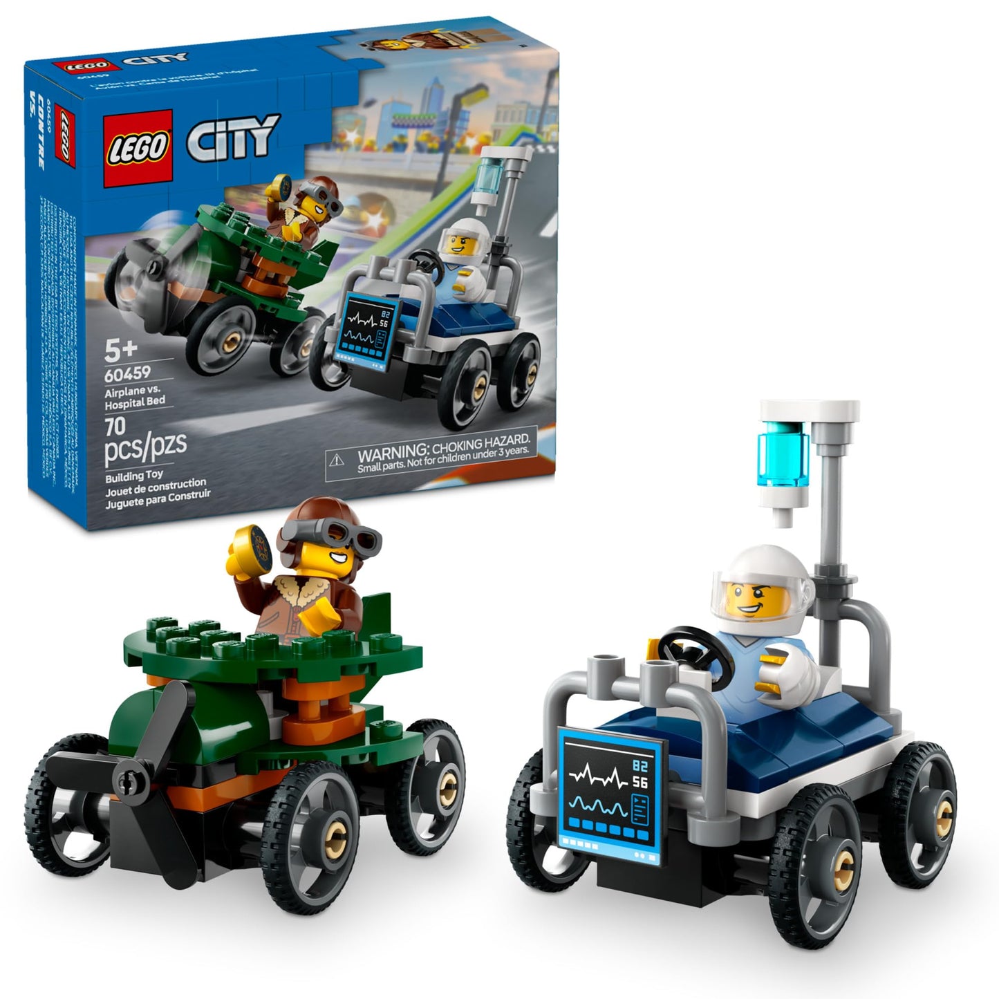 LEGO City Airplane & Hospital Bed Race Car Pack, Building Toy for Kids 5+, Includes 2 Minifigures, Birthday & Holiday Gift 60459