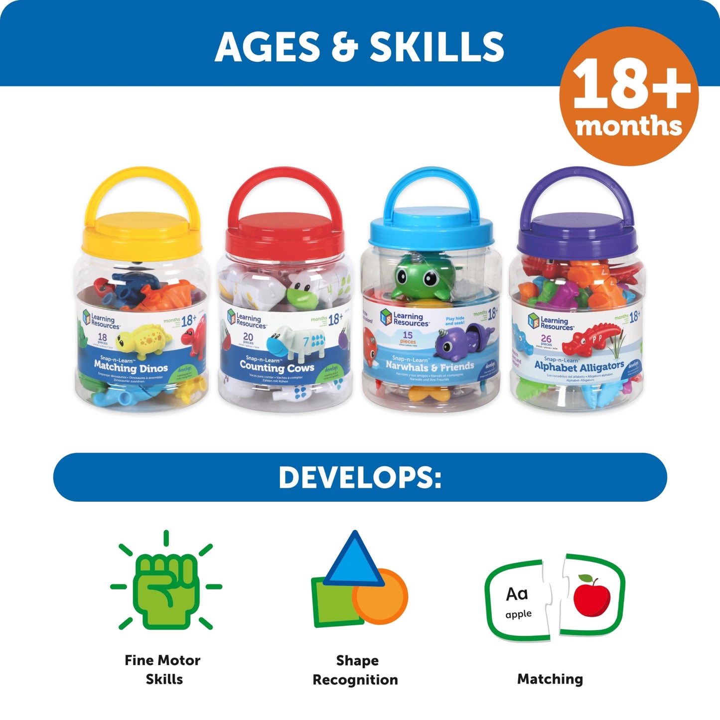 Learning Resources Snap-n-Learn Dinosaur Toys – Mini Figures, Matching Game, Sensory Bin, Toddler Travel, Montessori Counting & Motor Skills