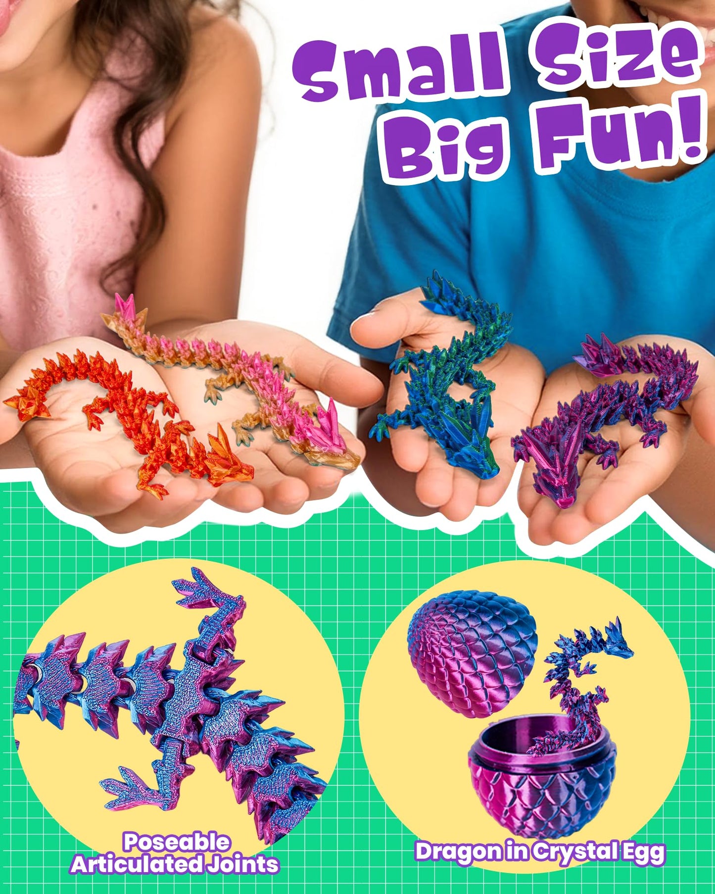 TBOLINE 4PCS 3D Printed Dragon & Dinosaur Eggs, Articulated Crystal Animal Fidget Toys for Kids, Easter Gifts for Boys & Girls