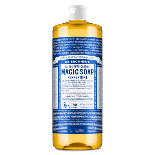 Dr. Bronner's Peppermint Pure-Castile Liquid Soap, 32oz – 18-in-1 Vegan Body Wash for Face, Hair, Hands, Laundry & More, Non-GMO
