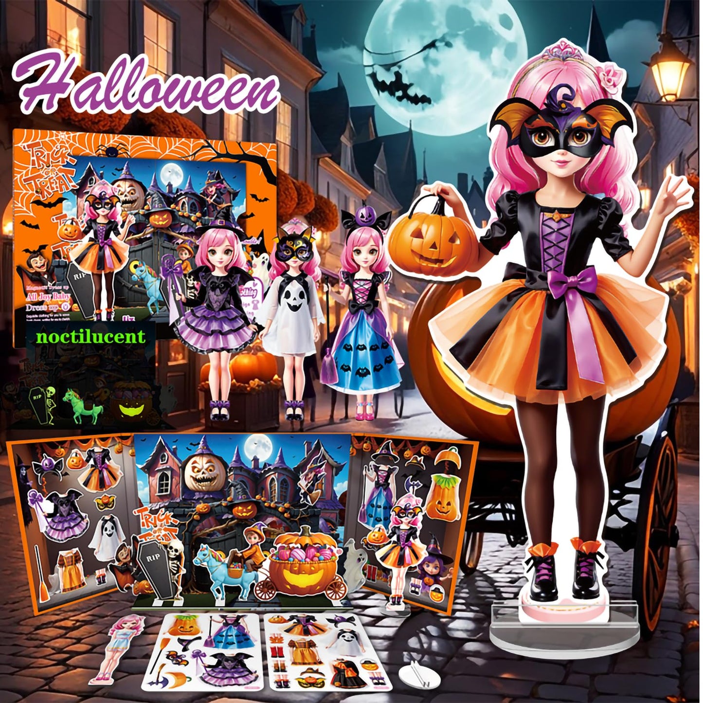 Halloween Magnetic Dress-Up Dolls for Kids – Witch & Pumpkin Fairy Costumes with 3D Haunted House Scene, Travel Toy Gift Ages 3-7
