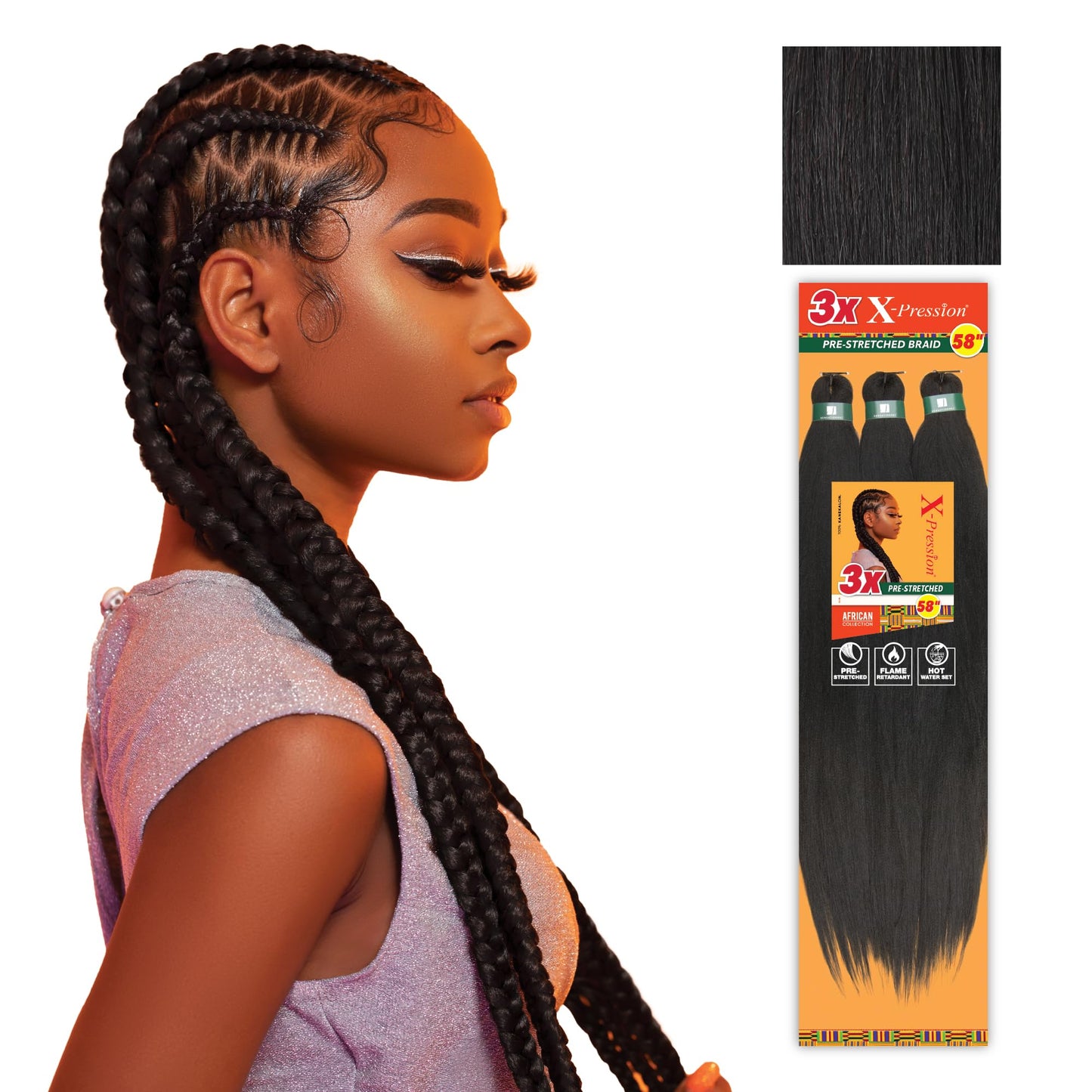 Sensationnel X-Pression 3X Pre-Stretched Braiding Hair 58" – Kanekalon Flame Retardant Synthetic Braid for Box Braids & Twists, 1B Off Black (1 Pack)