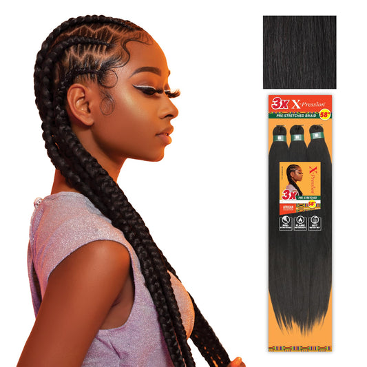 Sensationnel X-Pression 3X Pre-Stretched Braiding Hair 58" – Kanekalon Flame Retardant Synthetic Braid for Box Braids & Twists, 1B Off Black (1 Pack)