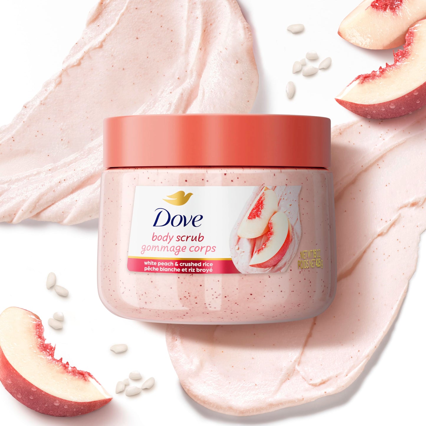 Dove White Peach & Crushed Rice Body Scrub Exfoliates and Deeply Nourishes for Smooth, Radiant Skin 15 oz