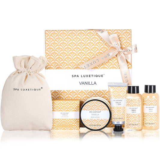 Spa Luxetique Vanilla Bath Gift Set for Women – 6pc Spa Set with Shower Gel, Bubble Bath, Lotion & Hand Cream, Relaxing Christmas Gift
