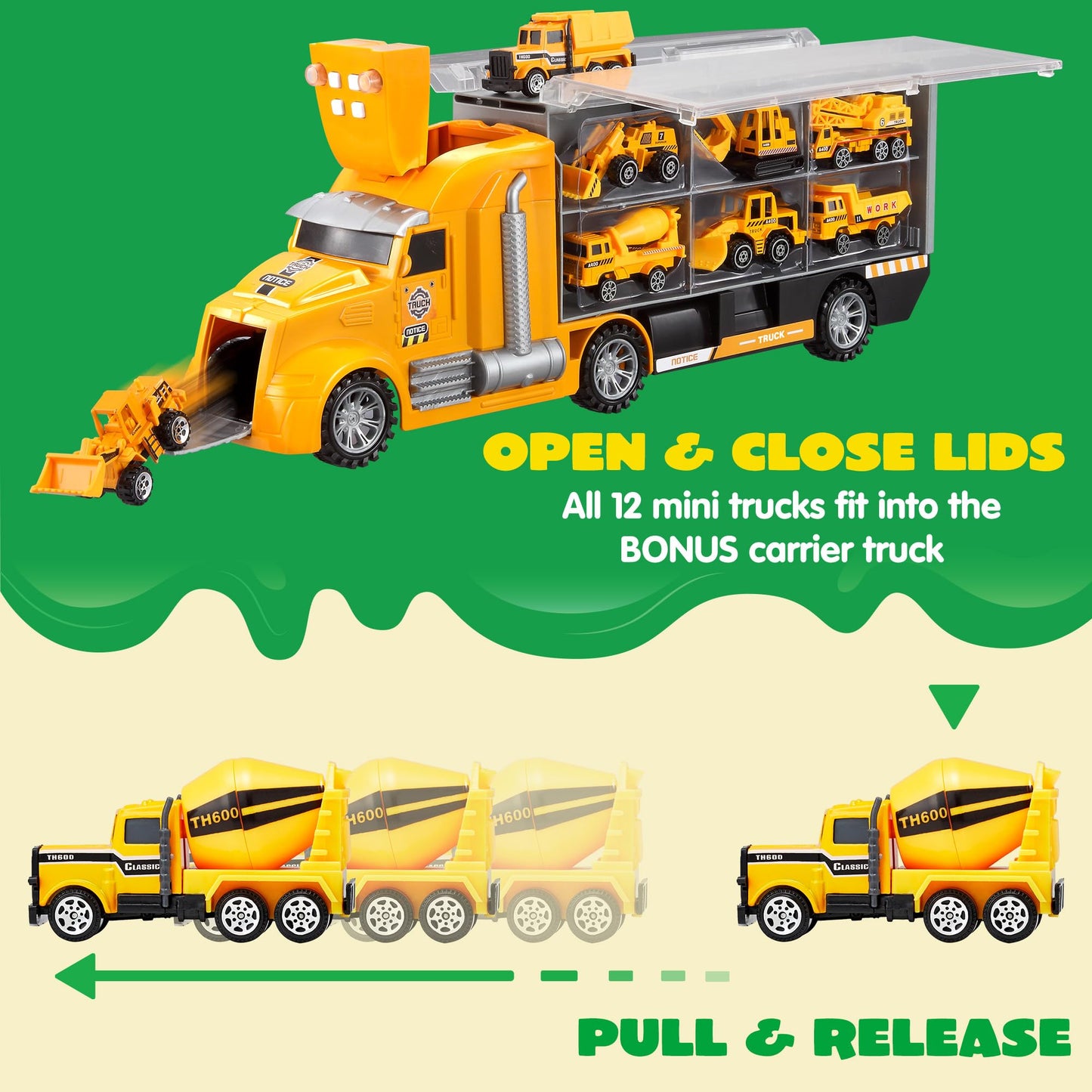 JOYIN 25-in-1 Kids Construction Truck Toy Set – 24 Push & Go Cars, Worker Figures, Sounds & Lights, Birthday Gift for Boys 3-7 Years