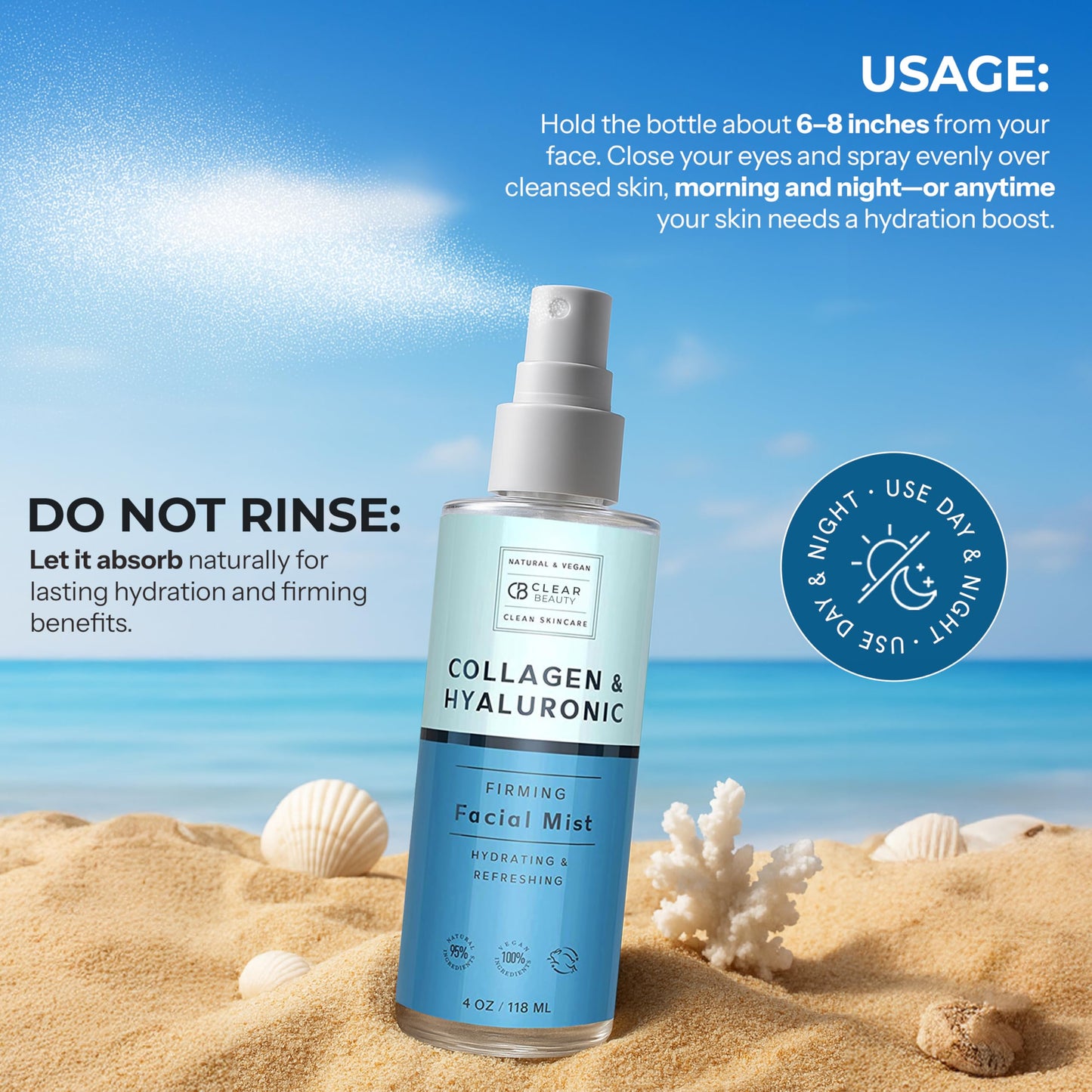 Clear Beauty Hyaluronic Acid & Collagen Face Mist – Moisturizes, Tones & Anti-Aging, 95% Natural, Cruelty-Free, All Skin Types, 4 oz