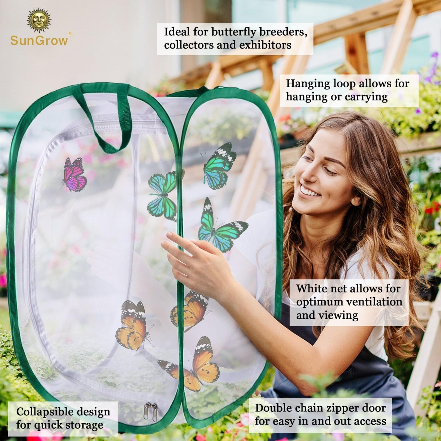 SunGrow 24" Foldable Butterfly Habitat - Cage for Caterpillars, Breeding Ladybugs, Dragonflies, Soldier & Houseflies, Green