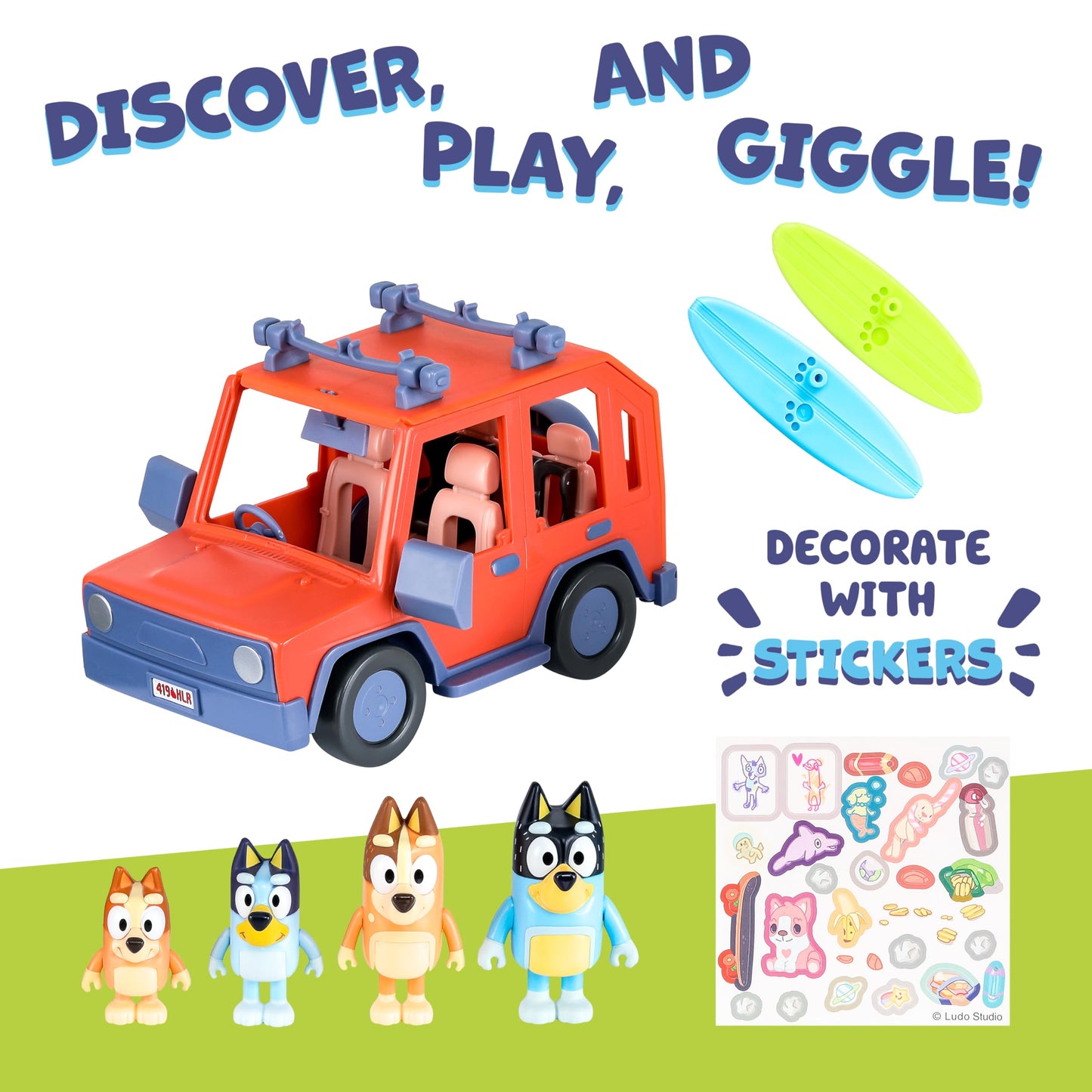 Bluey Heeler 4WD Family Toddler Toy Car with 4 Figures, Surfboards and Sticker Sheet, Pretend Play, Toys for Kids Ages 3+, Amazon Exclusive