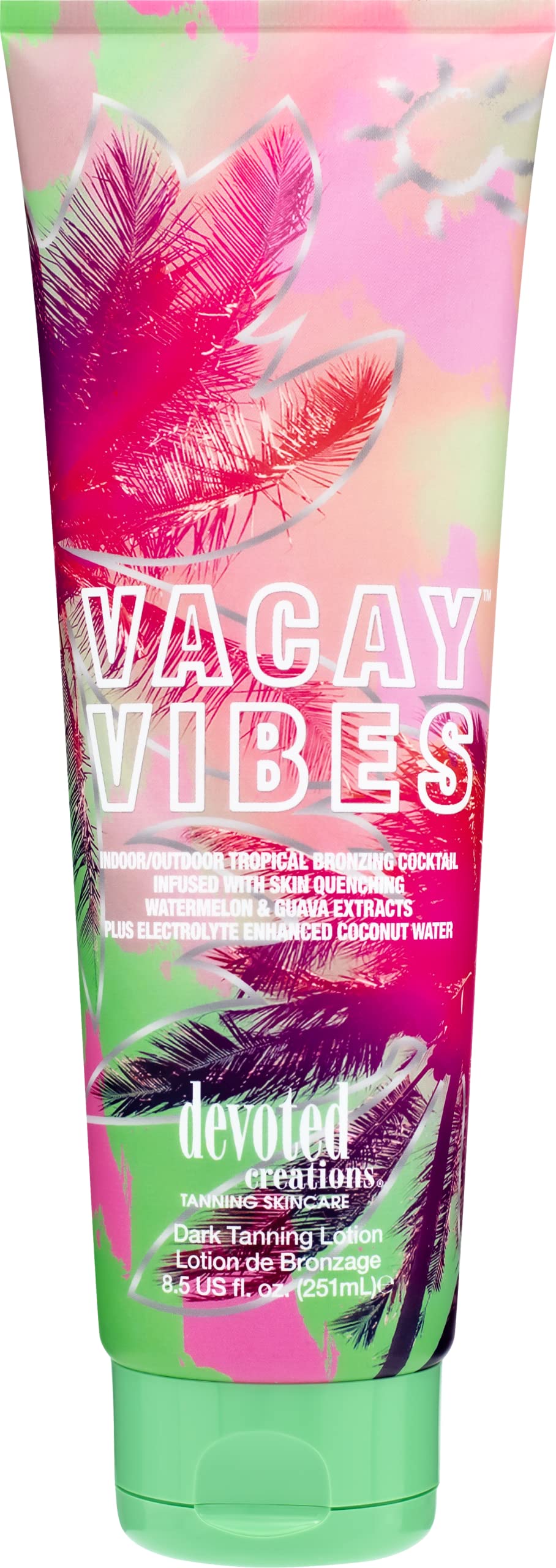 Devoted Creations Vacay Vibes Tanning Lotion 8.5 oz – Indoor/Outdoor Tropical Bronzer with Watermelon, Guava & Coconut Water for Hydrated Glow