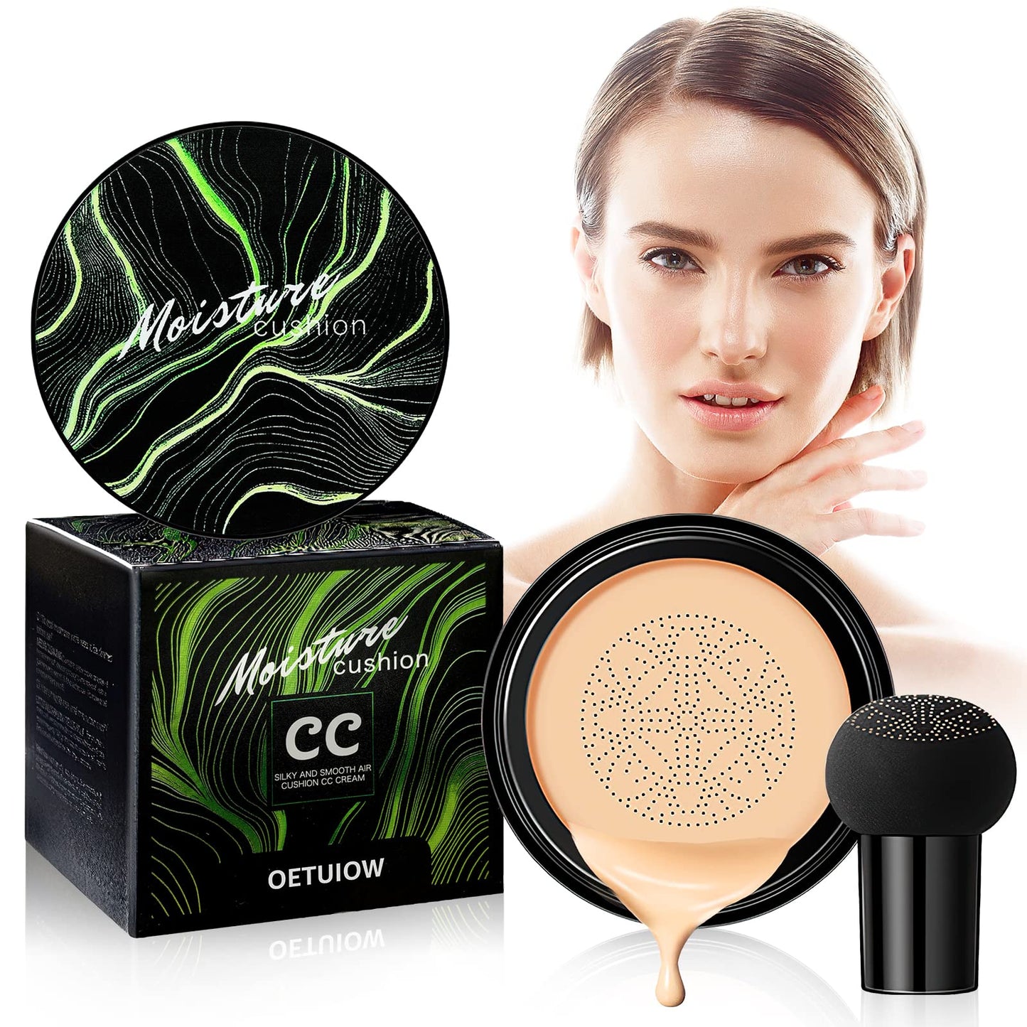 Mushroom Head Air Cushion CC Cream & BB Cream - Strong Concealer, Moisturizing Makeup Base Primer, Even Skin Tone, Long-Lasting (Buff Beige)