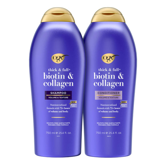 OGX Thick & Full Biotin and Collagen Shampoo & Conditioner Set, Helps Thicken & Texturize Flat to Medium Hair, 25.4 Fl Oz Each, 2 Pack