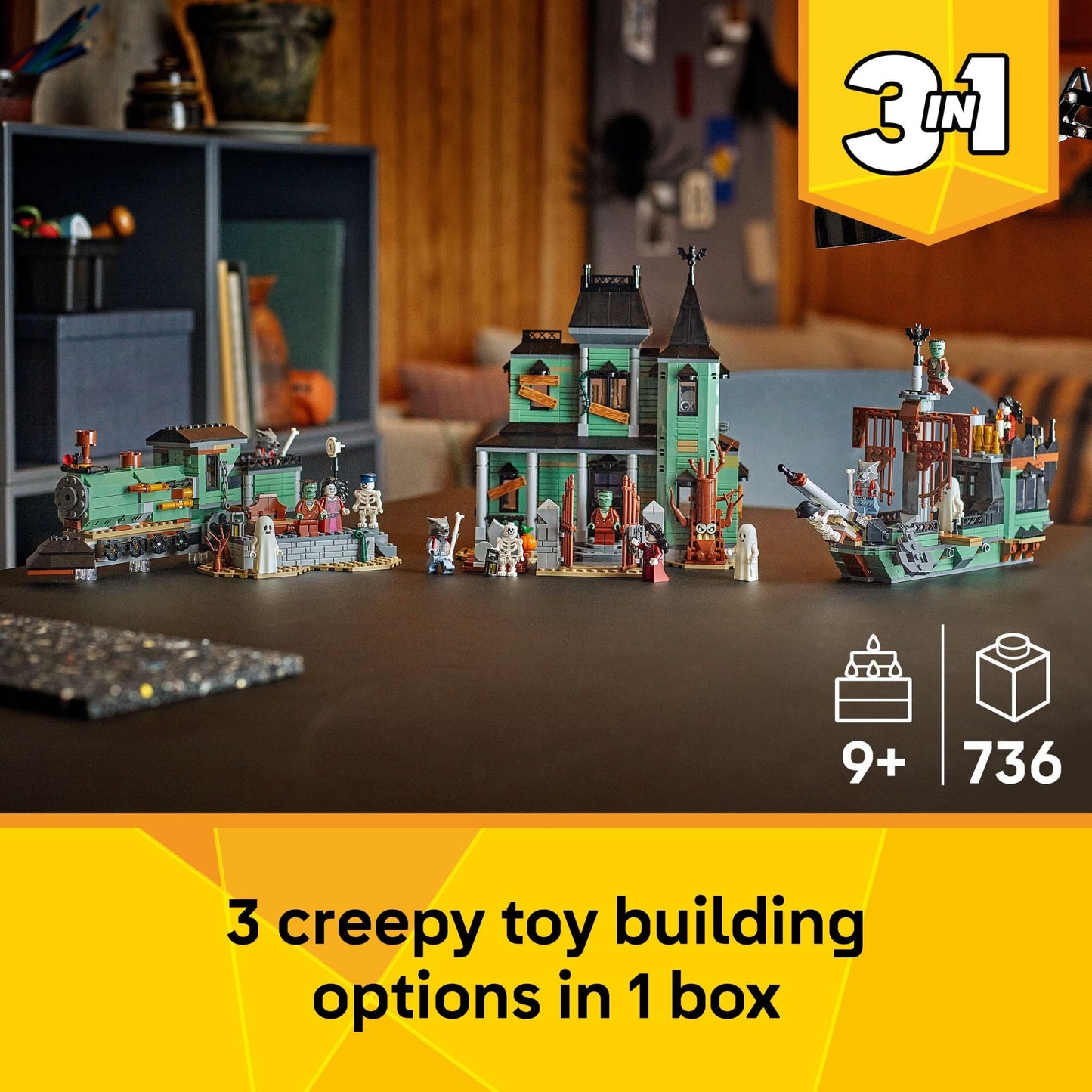 LEGO Creator 3-in-1 Haunted Mansion Building Set for Kids, Ages 9+ – Build Haunted House, Train, or Ship, Halloween Gift, 31167